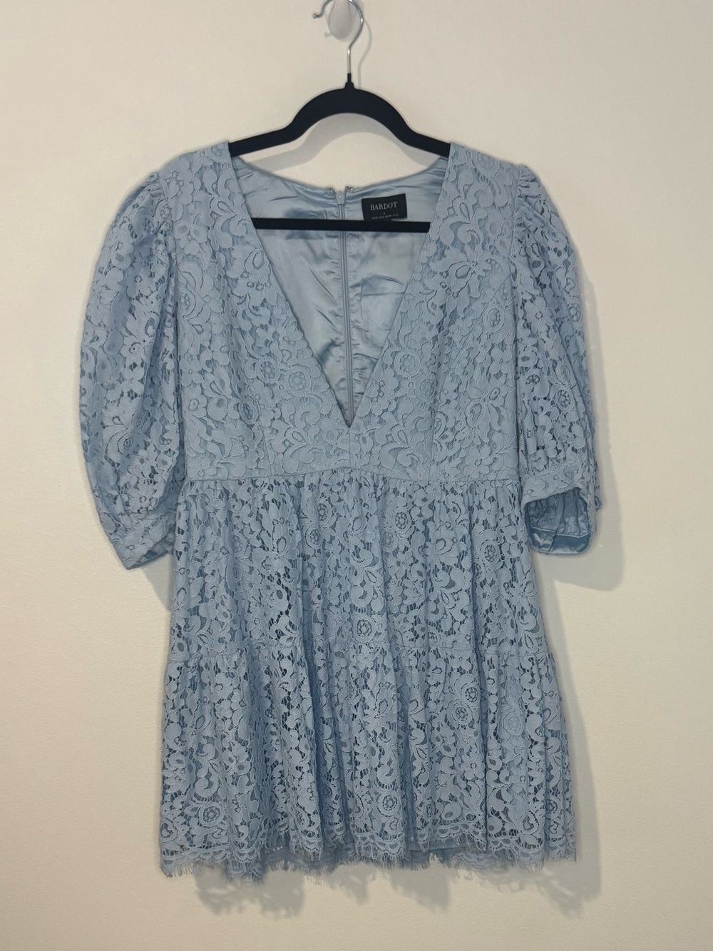 Bardot Blue Floral Lace Mini Dress Puff Sleeve Open Back V-Neck Women’s US 8